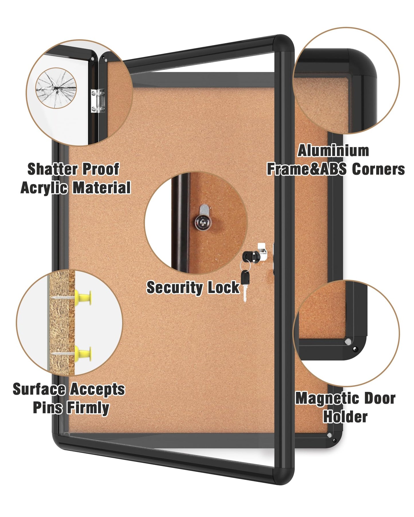 Mifuro 26"x20" Enclosed Bulletin Board, Lockable Weather-Resistant Aluminum Cork Noticeboard for School & Office, Black Frame w/Cork