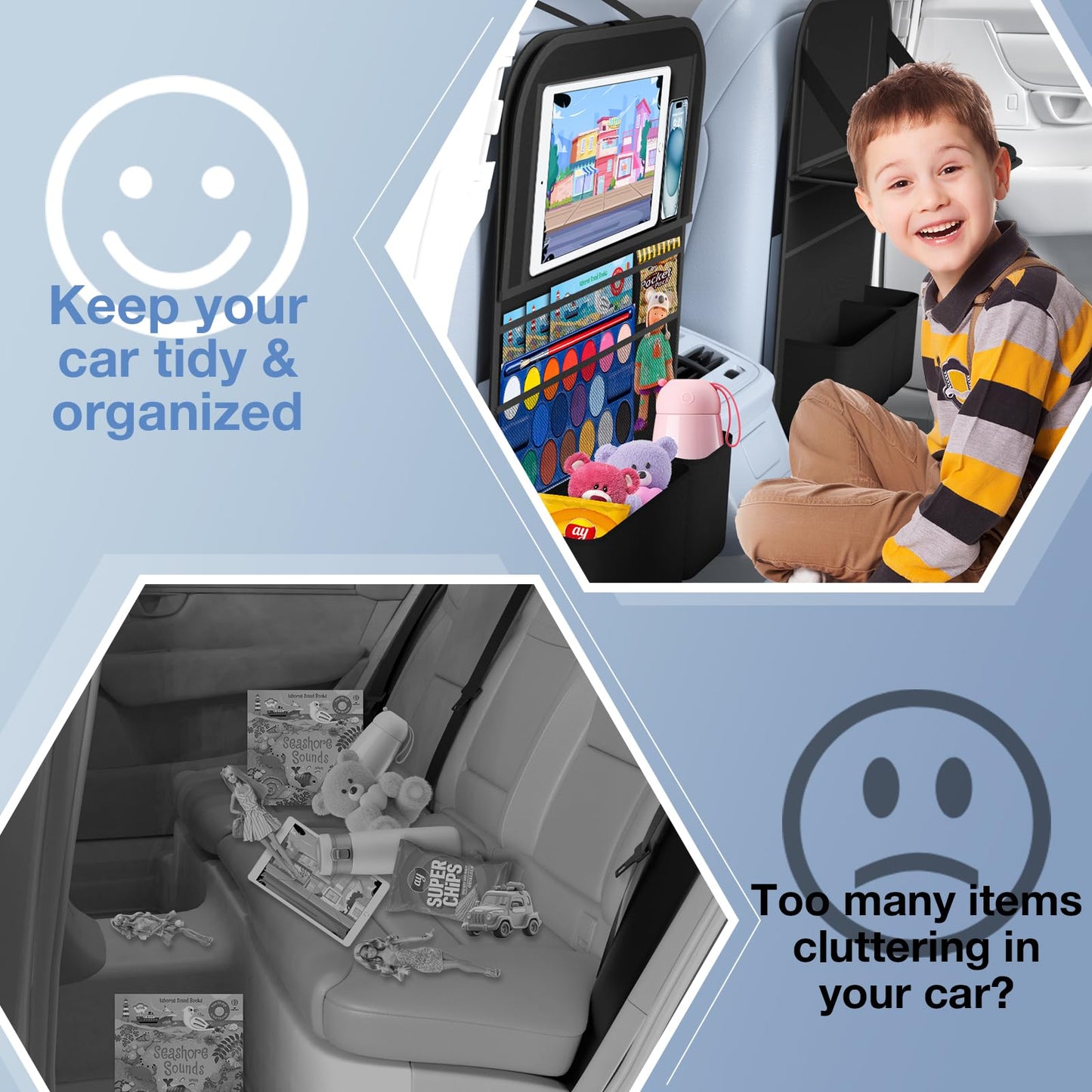 Oneyus Car Backseat Organizer with Table Tray(2-Pack) 9 Storage Pockets Backseat Car Organizer and storage with Tablet Holder, Kick Mats Back Seat Cover for Kids family Road Trip Essentials Travel
