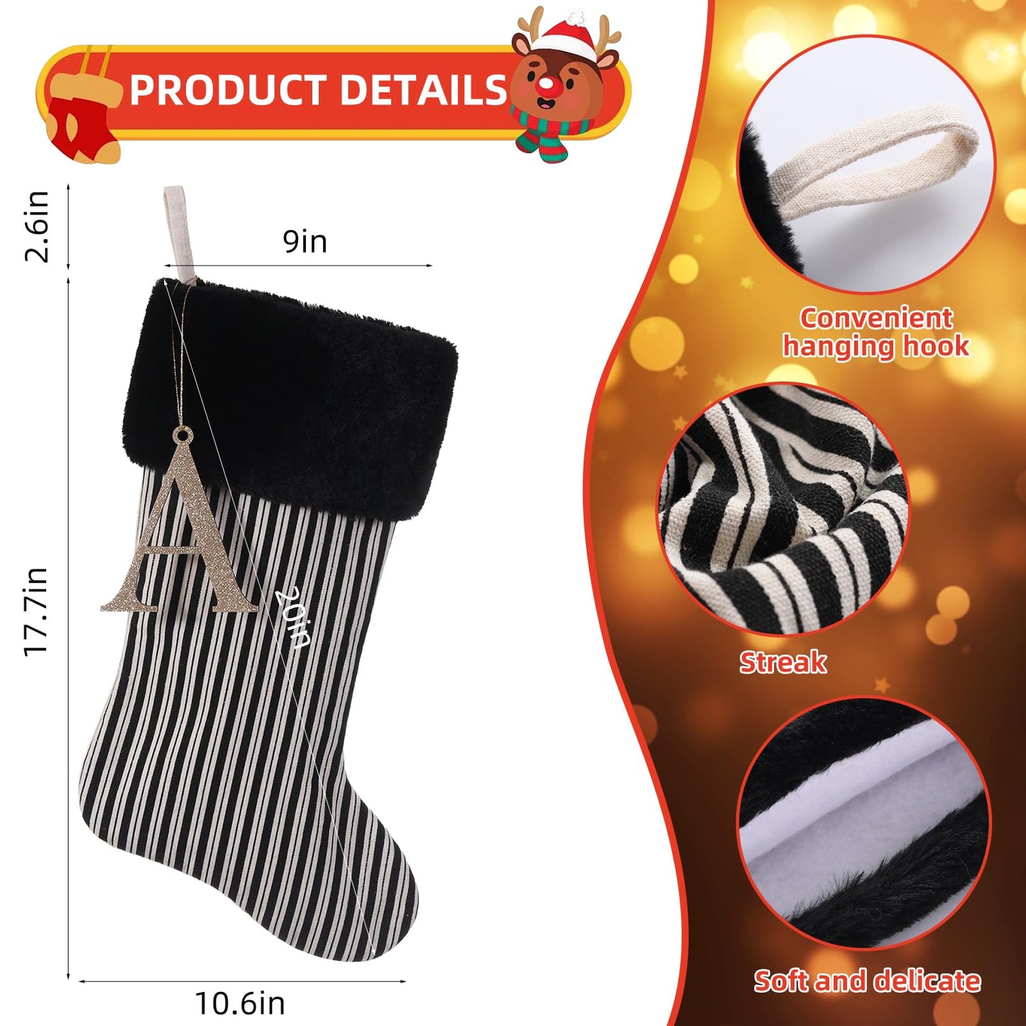 JKSVE 20 Inch Black Vertical Stripe Christmas Stocking, Personalized Gold Wooden Initial Monogram Christmas Stocking,Christmas＆Halloween Holiday Party Decor（I）
