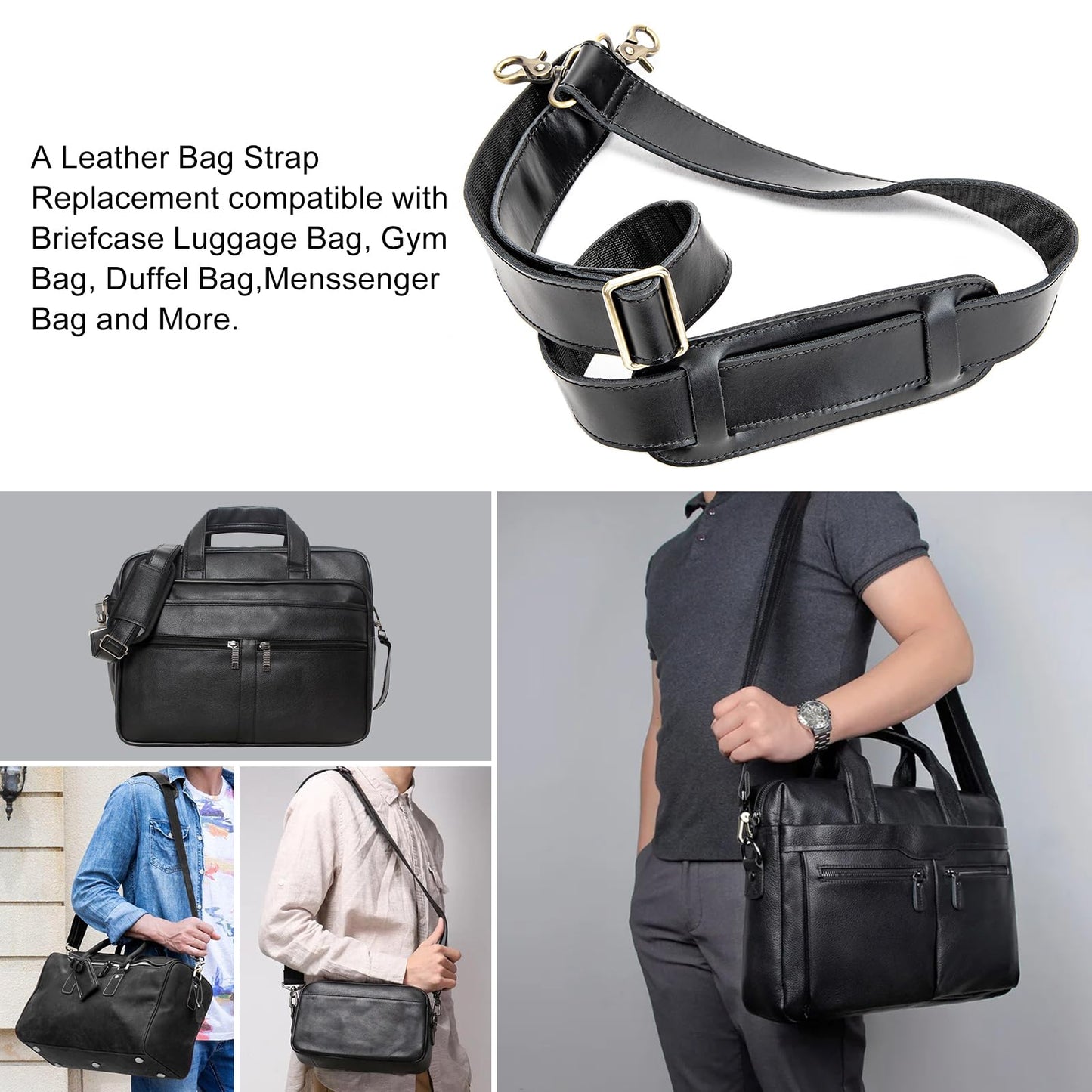 Enwaen Black Leather Bag Strap Replacement - Adjustable Shoulder Strap for Messenger Briefcase Duffle Crossbody Bags