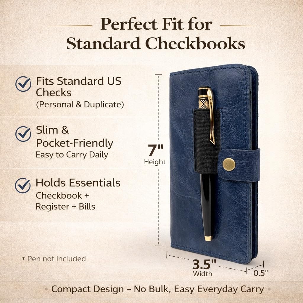 TheAntiq Leather Checkbook Cover with Pen Loop, Full Grain Check Book Holder Wallet for Personal & Duplicate Checks, Slim Money Organizer for Men & Women- Blue