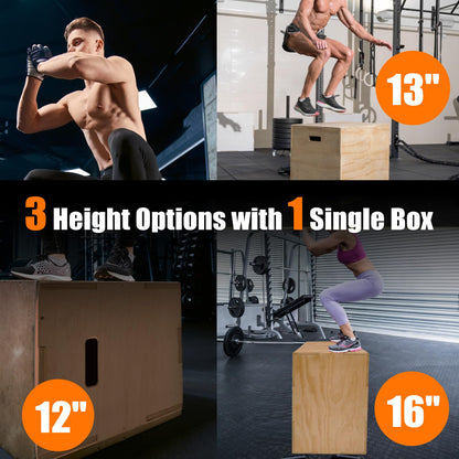 CAELUM 3-in-1 Wooden Plyo Box – Non-Slip Jump Box for Home & Gym, Heavy-Duty 400lbs Plyometric Box for Step-Ups, Squats, Strength & Agility Training 16" x 13" x 12"
