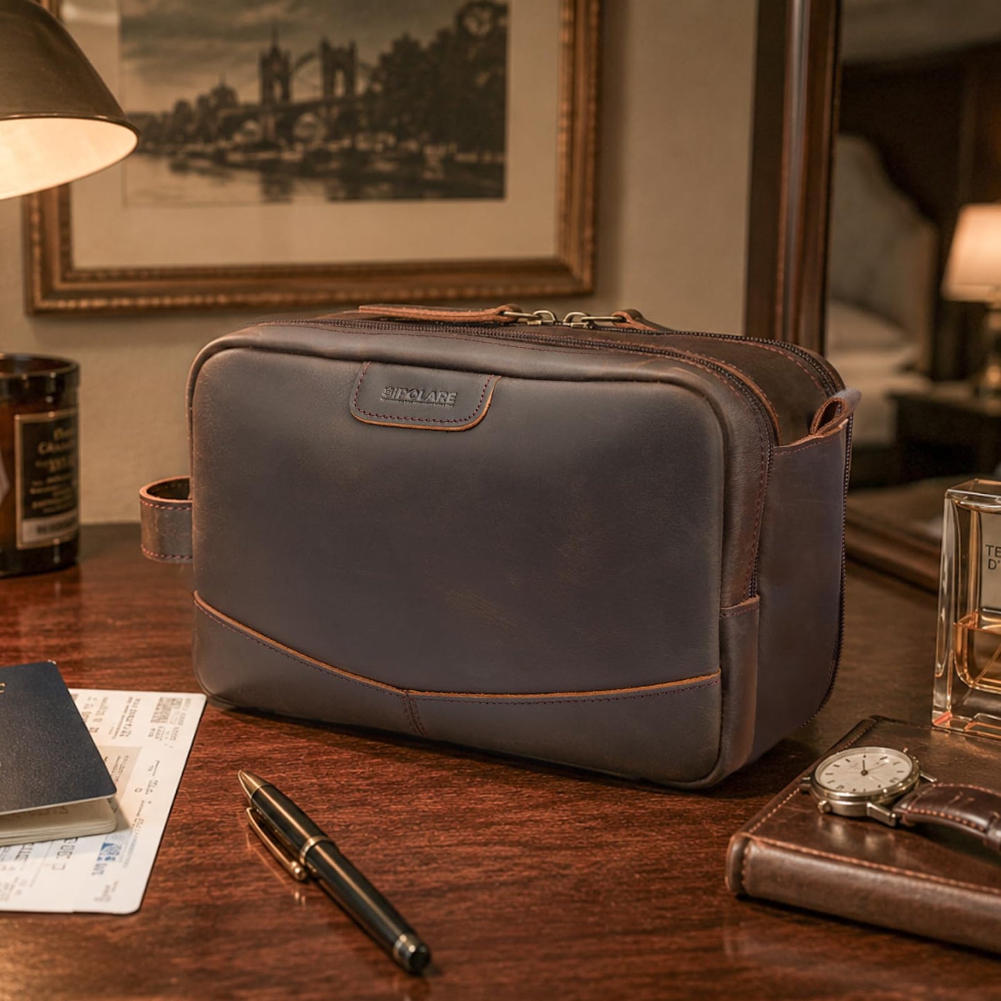 Polare Full Grain Leather Toiletry Bag for Men, Portable Travel Dopp Kit, Large Shaving Kit Organizer Cosmetic Case, Wash Pouch with YKK Zippers