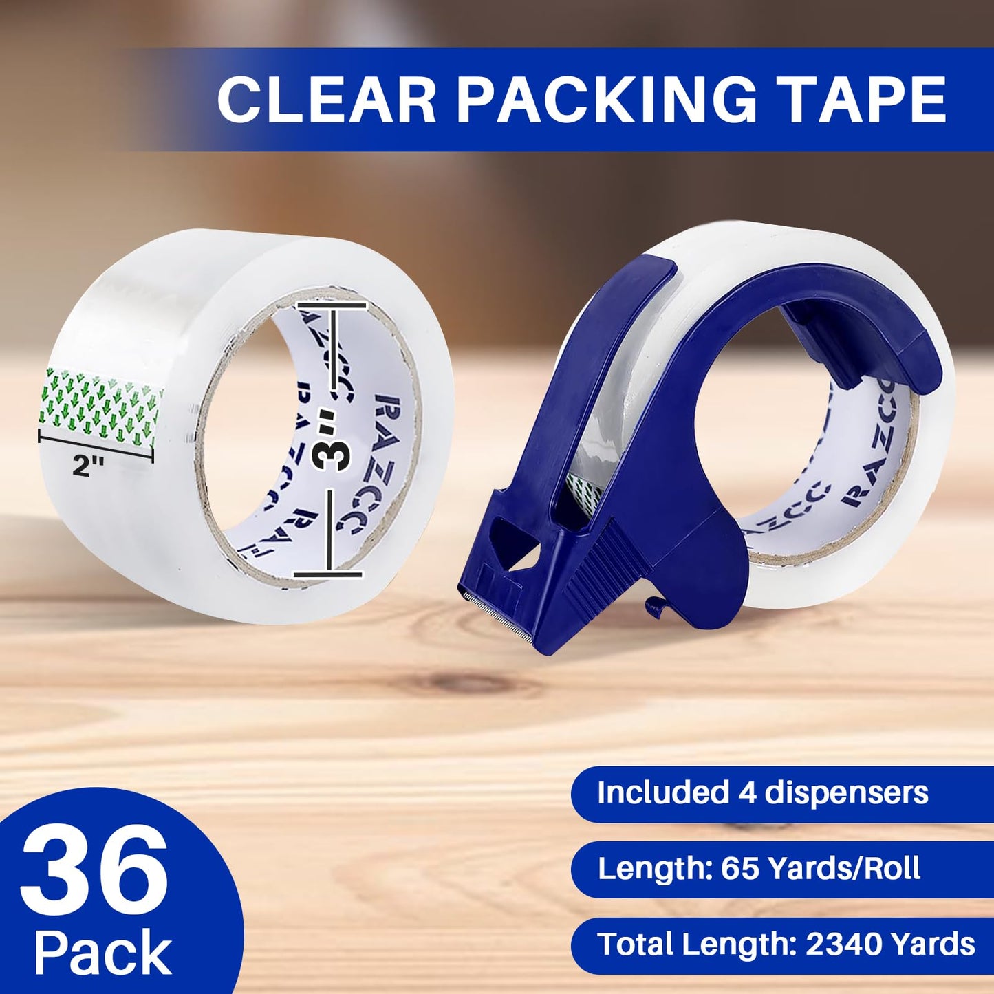 RAZCC Clear Packing Tape, 36 Rolls Heavy Duty Packaging Tape with Dispensers for Packing Shipping Moving and Sealing, Thicker Packing Tape-2" x 65 Yards Per Roll, 2340 Total Yards