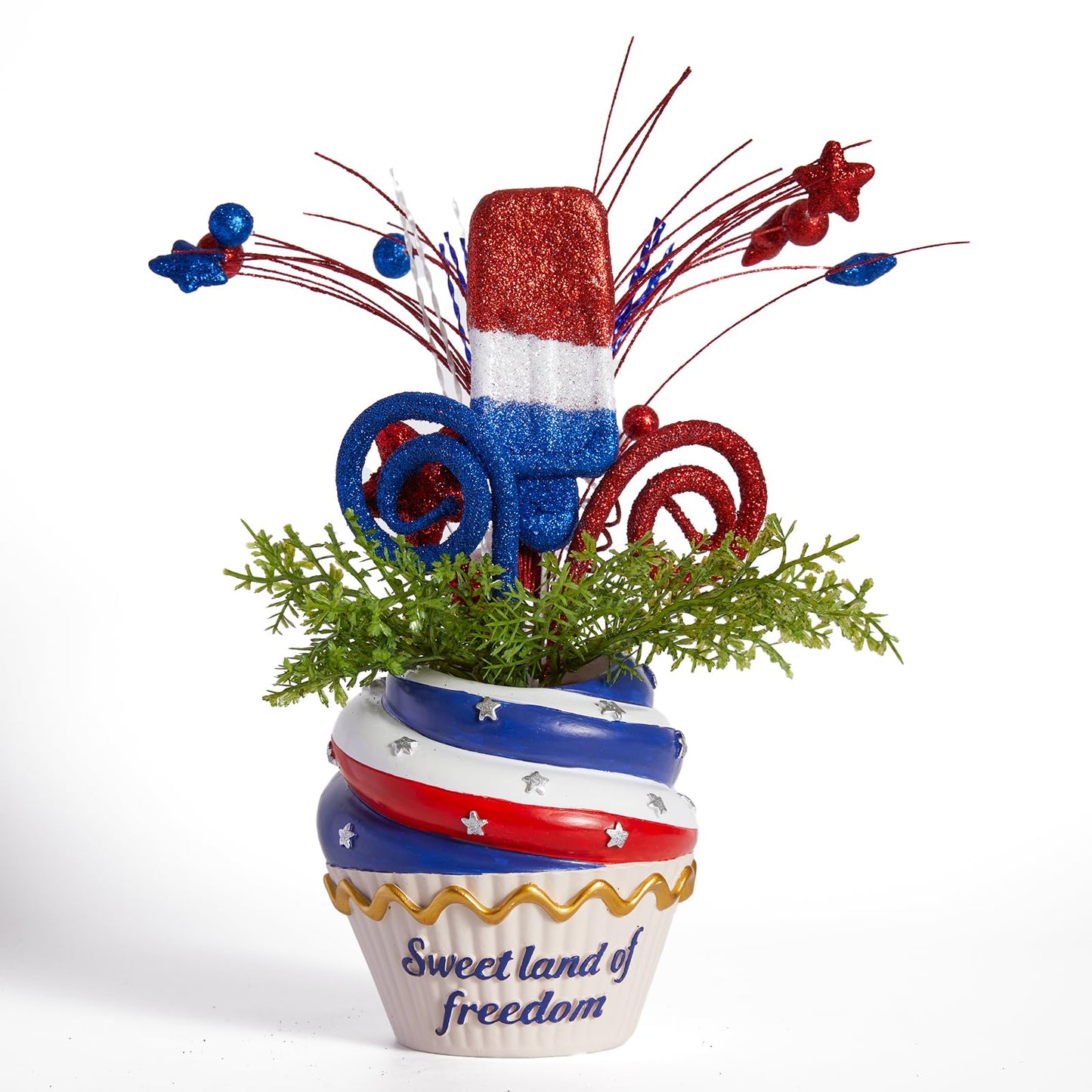 WDS WONDROUS 4th of July Centerpiece for Tables Red White and Blue Patriotic Flowers Decorations with Cupcake Vase, Resin Vase Shiny Popsicle Star Flowers for Independence Day Summer Memorial Day