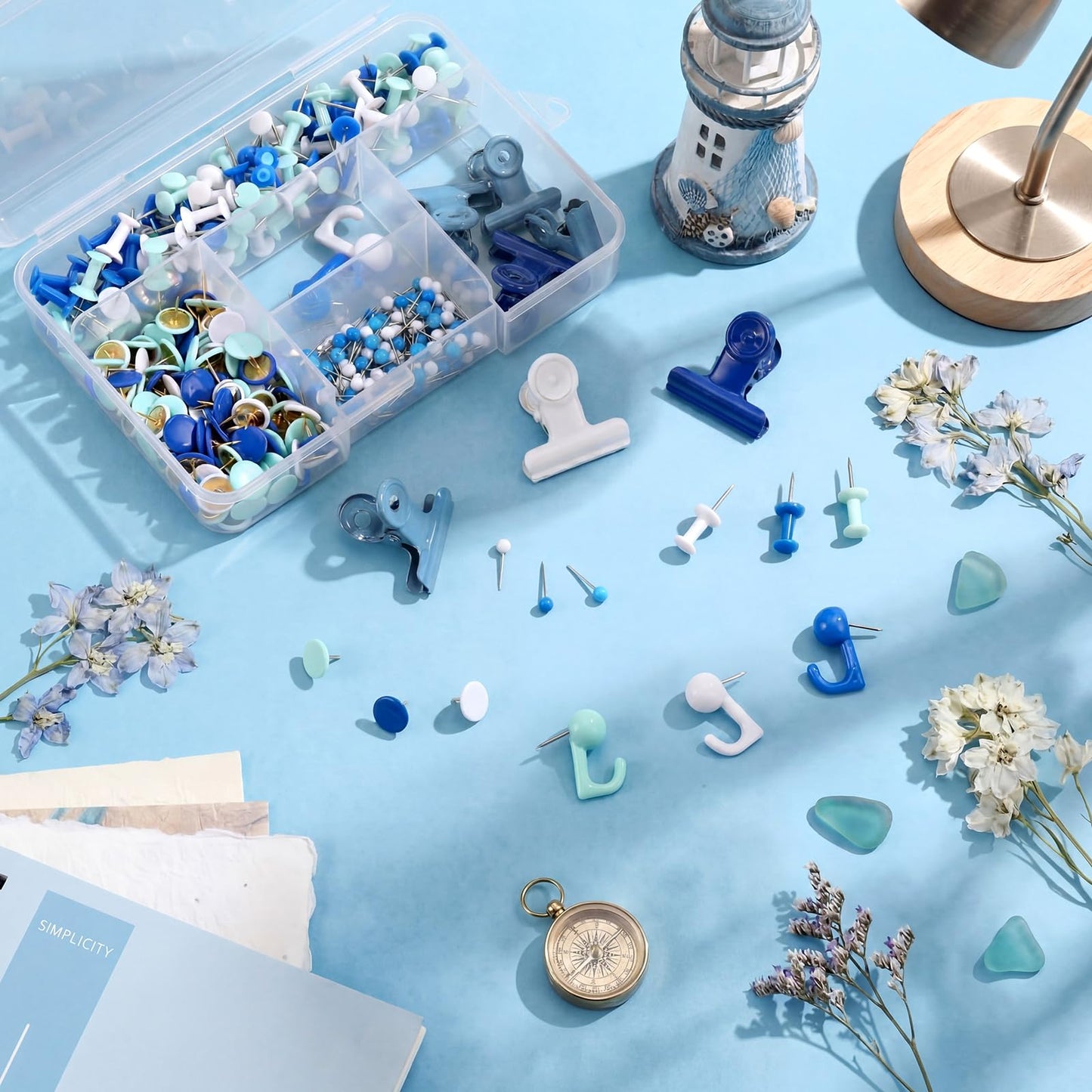 wearage 360 Pcs Push Pins Set with Storage Box, Thumb Tacks Decorative 5 Style Push Pins Kit for Cork Board Bulletin Board Map Notes Home Photos Wall Office Supplies (Blue White)