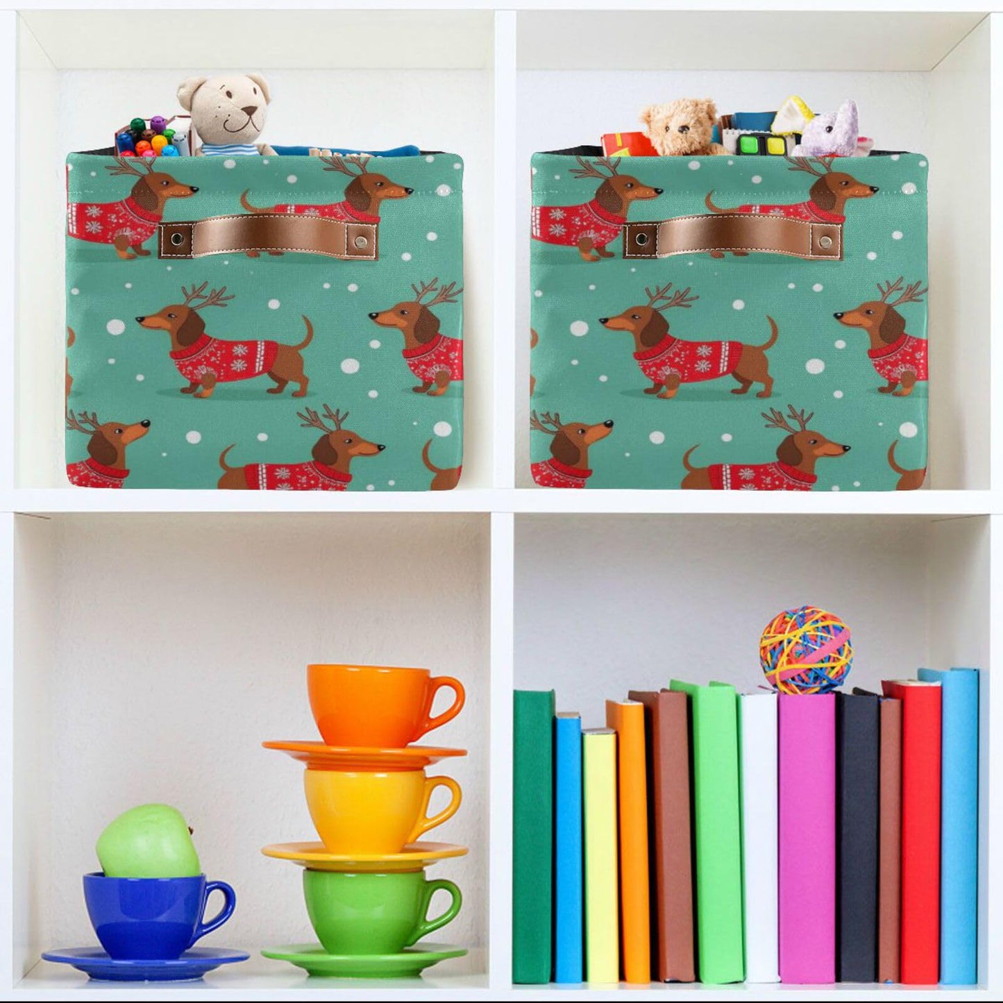 Pfrewn Christmas Winter Storage Basket Dutch Hound Dog in Christmas Pullover Collapsible Rectangular Storage Boxes Organizer Shelf Basket Toy Book Storage Bin for Nursery 1 Pack