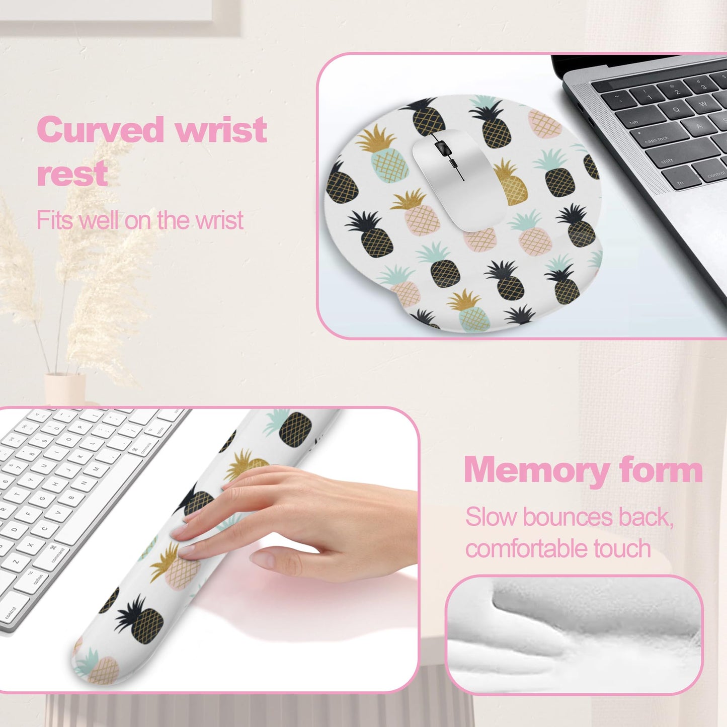Abstract Tropical Pineapple Fruit Keyboard Wrist Rest Pad and Mouse Pad Wrist Support Set,3-in-1 Ergonomic Mouse Pad with Non-Slip Rubber Base for Home Office Game Computers Desk,