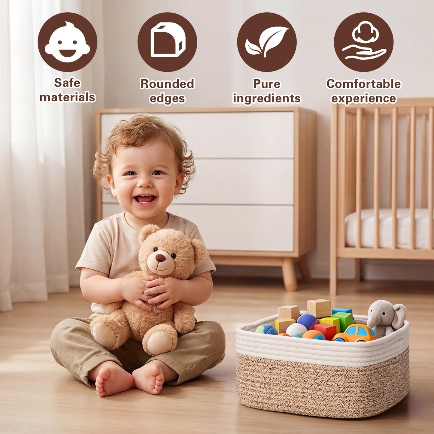 Storage Baskets for Shelves, 2 Pack Shallow Basket - 10.5" x 10.5" x 5.5", Rope Baskets for Organizing Toys, Snacks, Cube Storage Bins for Closet, Bedroom, Nursery, Brown & White