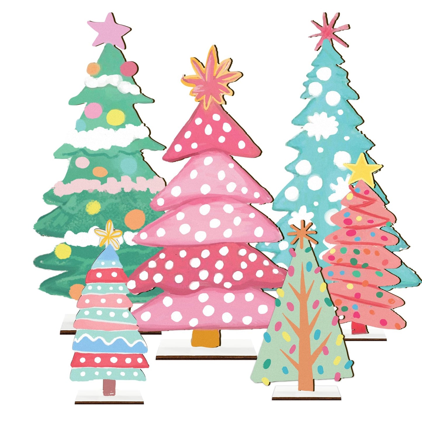 JarThenaAMCS 6 Pcs Christmas Wooden Signs 6 Sizes Christmas Tree Wood Tabletop Signs with Base Desktop Centerpieces for Xmas Home Tiered Tray Table Fireplace Windowsill Party Decor