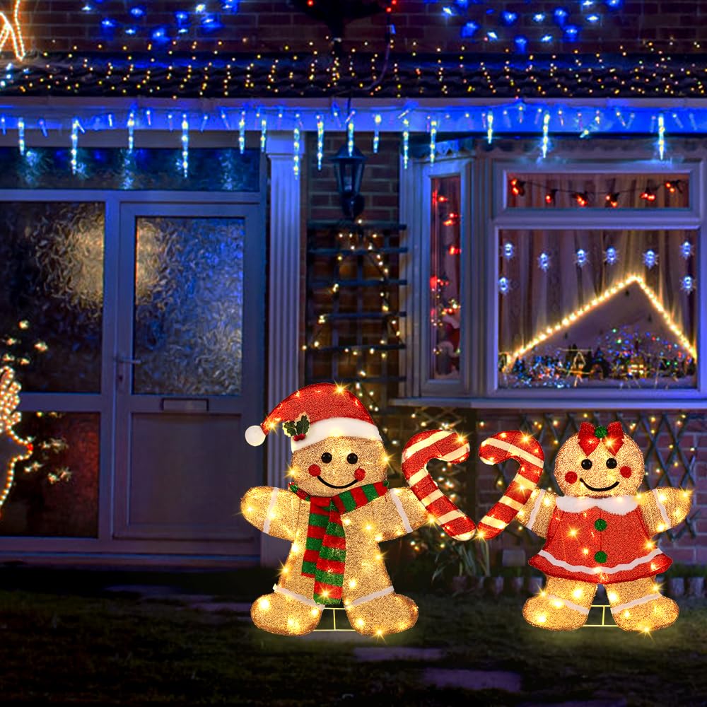 DULEFUN 22.5’’ Lighted Christmas Yard Decoration 2pcs Light Up Gingerbread Man Couple Christmas Outdoor Decorations Sign Waterproof for Xmas Winter Holiday Garden Lawn Outside Indoor Decor Display