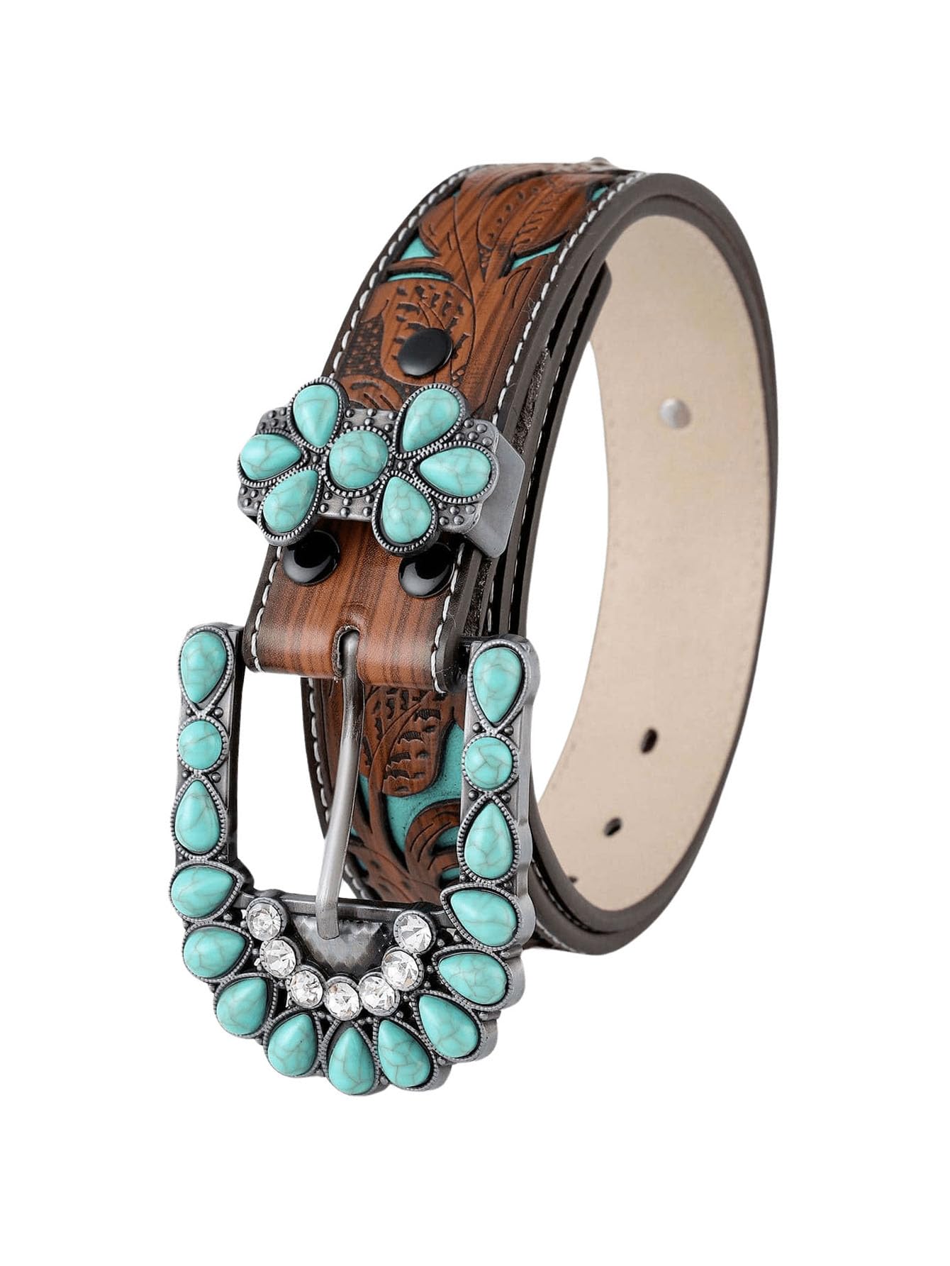 GORGLITTER Women's Turquoise Belt Leather Western Belts Embossed Waist Country Belts for Jeans Pants Brown suit waist size:29.5-33.5"