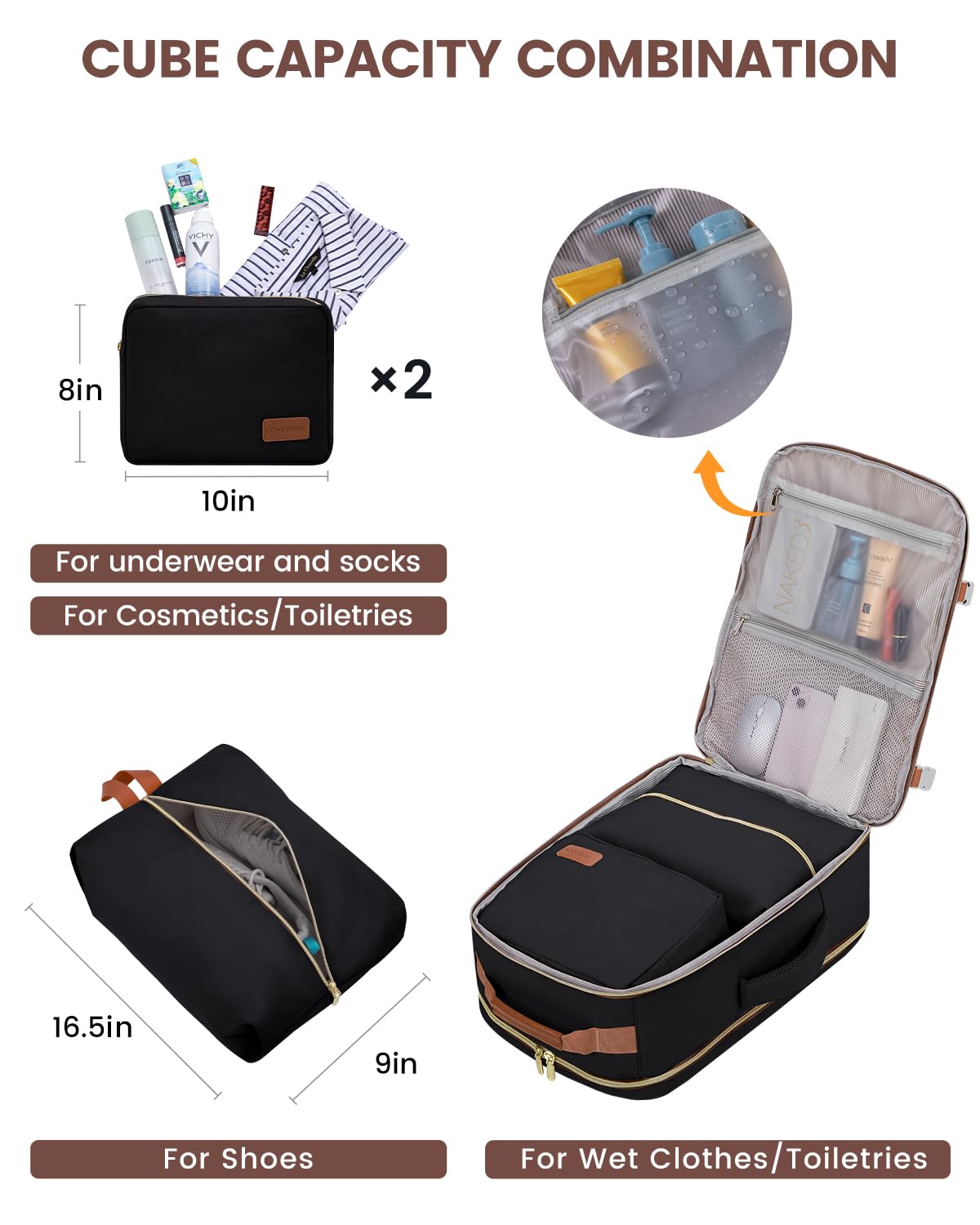 LOVEVOOK 40L Travel Backpack for Women & Men, Airline Approved Carry On Luggage with 3 Packing Cubes, TSA Overnight Bags, Waterproof Personal Item Bag, Weekender Essentials Backpacks fits 17" Laptop