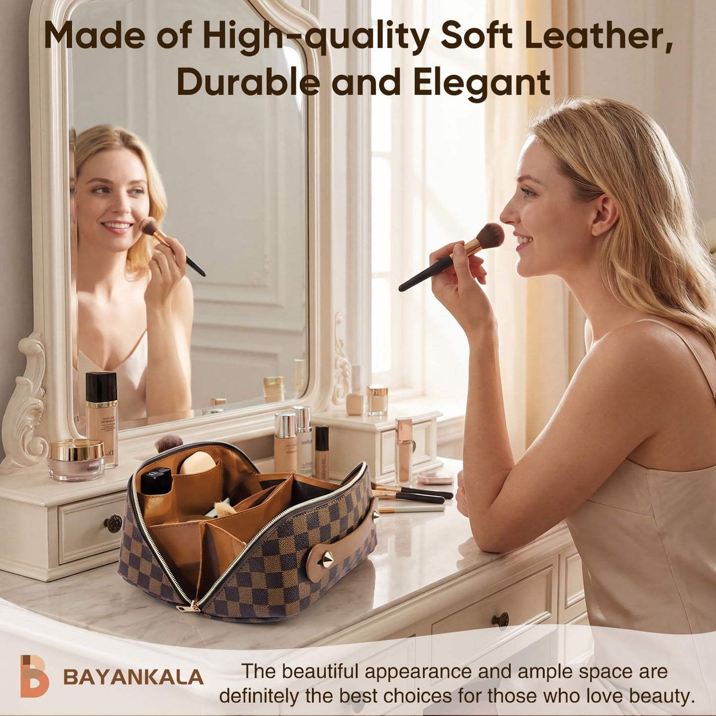 BAYANKALA Leather Travel Makeup Bag, Large Capacity Cosmetic Bag for Women, Waterproof Portable Pouch with Divider, Toiletry Organizer with Handle, 10.5x5x5 Inches, Deep Brown