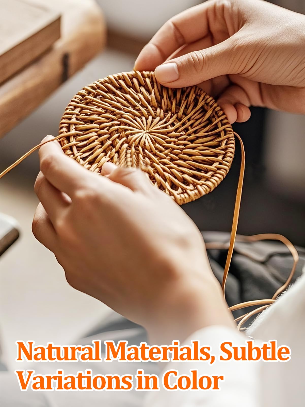 6pcs Natural Handmade Rattan Coasters with Holder - Wicker Drink Coasters Set, Housewarming Gifts Boho Summer Home Coastal Decor