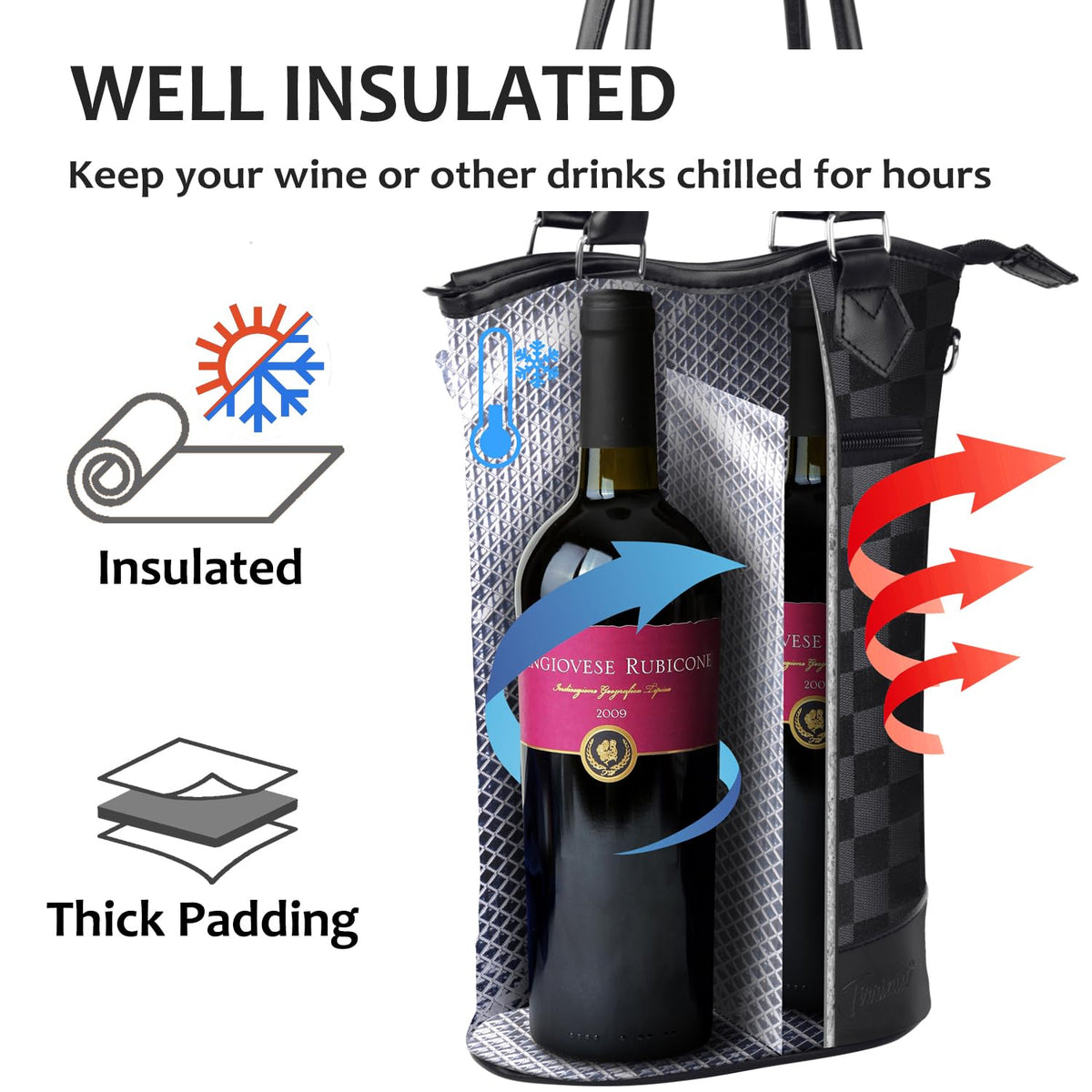 Tirrinia Insulated Wine Gift Carrier Tote - Travel Padded 2 Bottle Wine/Champagne Cooler Bag for Portable Wine Bottle Carrying Case, Women Men Wine Party Bag for Event,BYOB,Beach, Gift for Wine