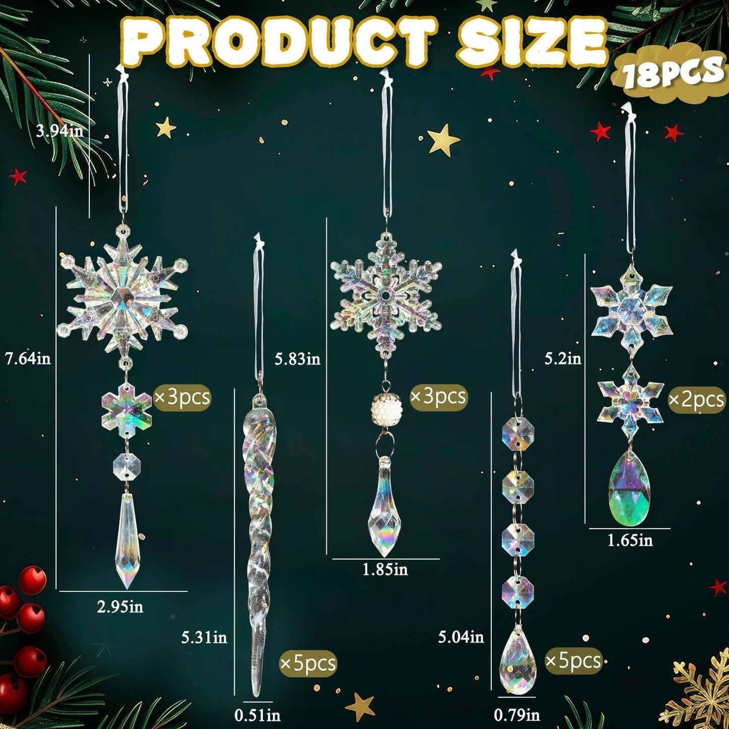 Christmas Tree Decorations Crystal Ornaments - 18pcs Iridescent Christmas Ornaments Acrylic Snowflakes Icicle Drop Crystal Hanging Ornaments for Xmas Tree Winter Holiday Frozen Party Decorations
