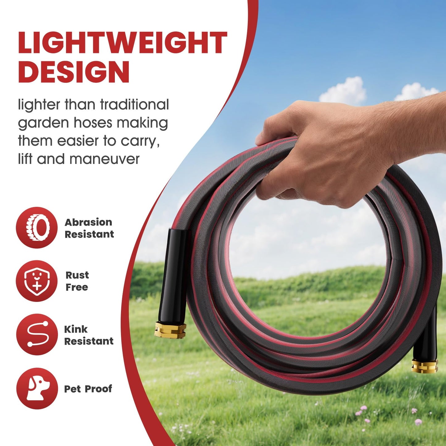 Haeteir 50ft Non-Expanding Garden Hose with 8-Layer Latex Core, Lightweight & Kink-Free, Flexible Heavy Duty Water Hose for Lawn, Yard, Car Washing (3/4" Solid Brass Fittings, Crush-Resistant)