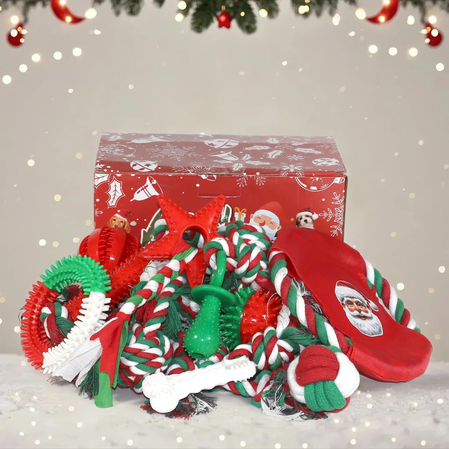 Christmas Dog Toys 15 Pack, Puppy Rubber Chew Toys with Rope Toys Set, Interactive Tough Christmas Gifts Box for Dogs, Training Playing Teething Busy Toys Bulk for Holiday Puppies Presents