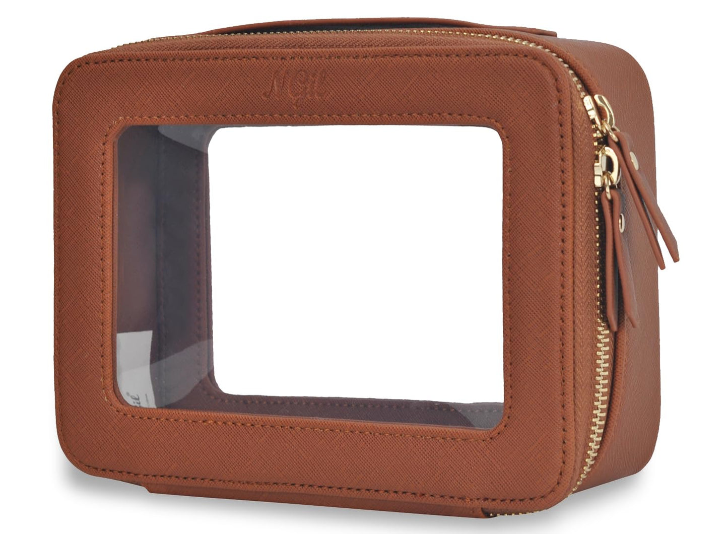 NGIL Clear Faux Leather Travel Toiletry Bag, Makeup Bag Organizer for Women, Clear Window & Gold Zipper Makeup Bag, Road Trip Essential, Skincare, Cruise Ship Essentials (Brown)