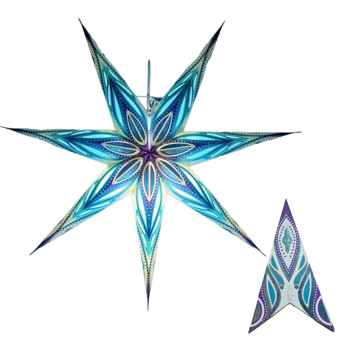 YEPSIO 7-Pointed Lantern Lampshade Paper Star Light Shades Large 24 Inch Star Hanging Decorations for Christmas Wedding Home Decoration Birthday Party (Glitter Blue Multi 02)