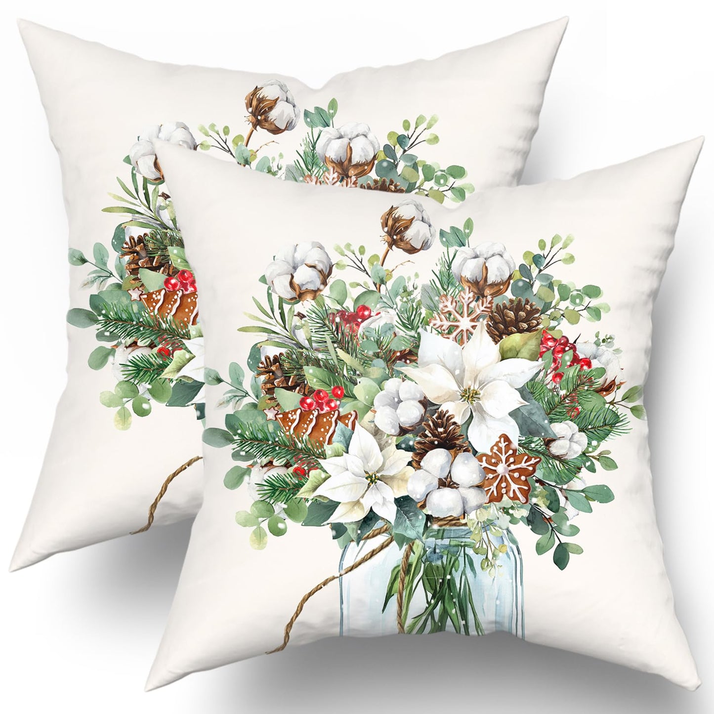 Winter Floral Bouquet Throw Pillow Covers 18x18 Inch 2 Packs Christma Poinsettias Pinecones Pillowcase Holly Berries Eucalyptus Mason Jar Farmhouse Cotton Square Cushion Case for Home Sofa Bedroom