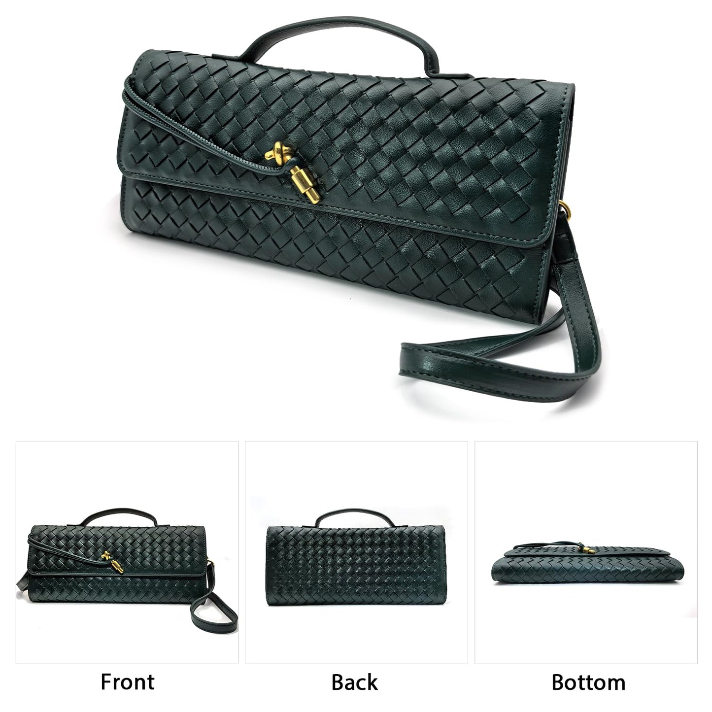 Qiannaura Formal Clutch Purses for Women Evening Woven Leather Large Clutch for Weddings & Parties | Convertible Shoulder Bag, Dark Green