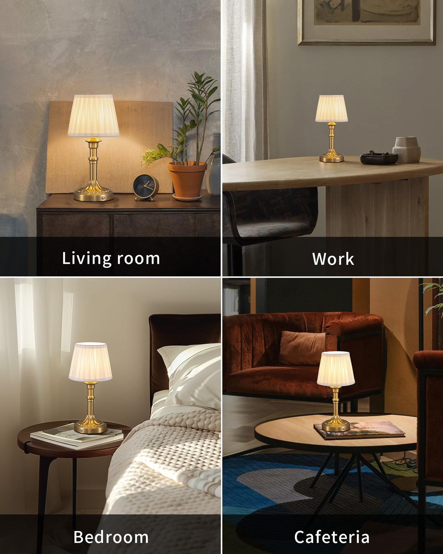 KDG Cordless Portables Table Lamp, LED Fabric Shade Small Desk Lamps, 4000mAh Battery Powered Lighting, 2700K Stepless Dimmable Light for Living Room, Dining Room, Bedroom, Bedside (Gold)