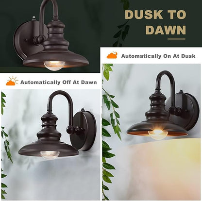LONEDRUID Dusk to Dawn Sensor Outdoor Gooseneck Barn Light Fixtures Brown Exterior Wall Sconce Lighting Modern Outside Porch Lantern Waterproof Farmhouse Wall Mount Lamp for House Garage Patio
