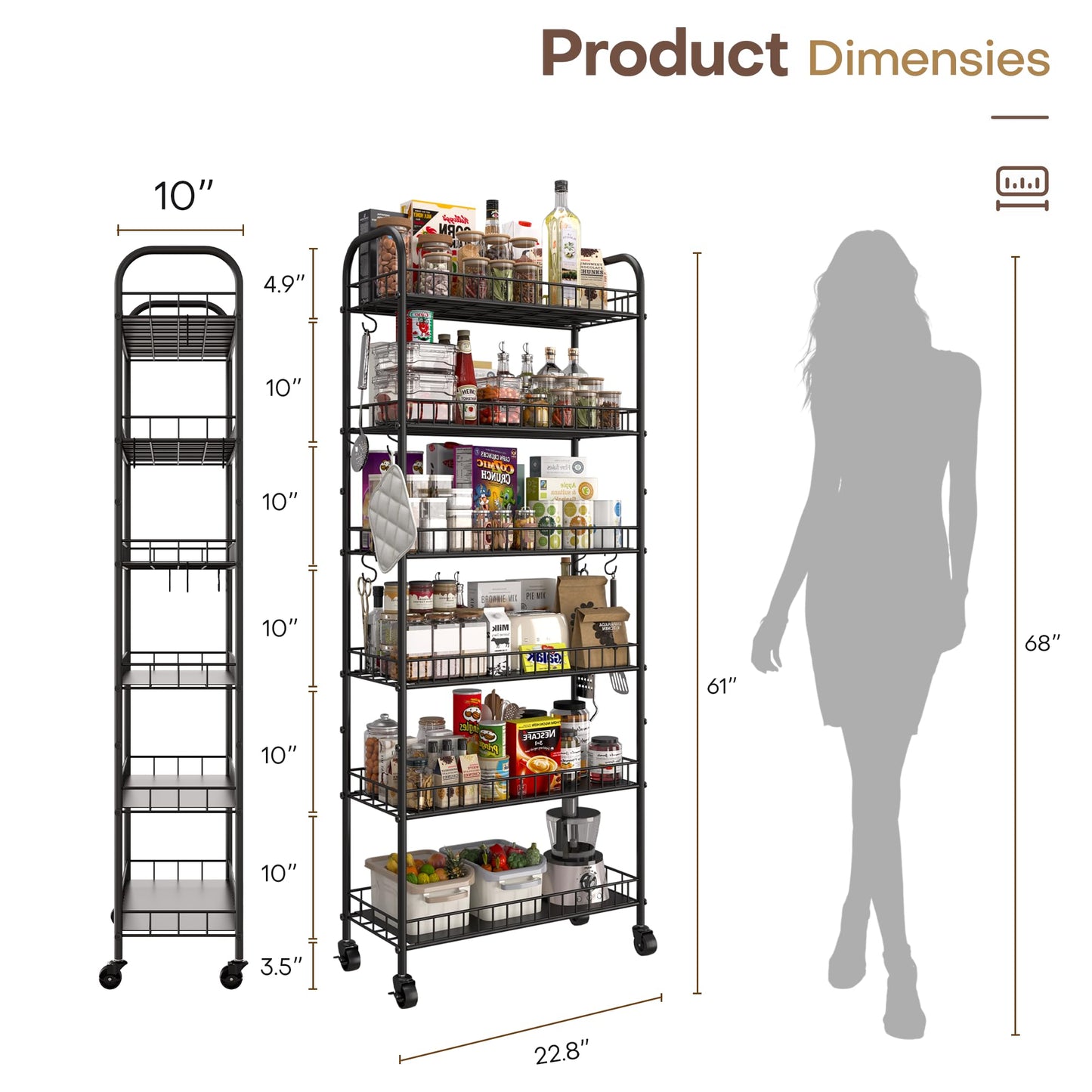 Qiaoxuan 6 Tier Slim Storage Cart with Wheels, Metal Mobile Shelving Unit Organizer Utility Cart for Office Bathroom Kitchen Laundry Room Narrow Places (10inches)