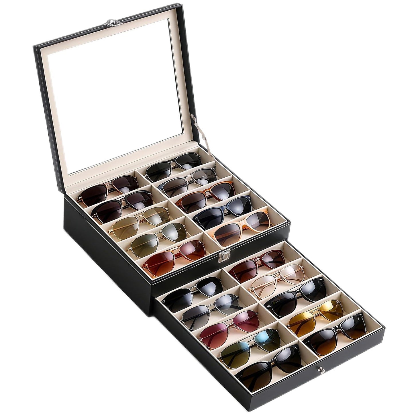 Luckybell 20 Slots PU Leather Sunglasses Organizer Jewelry Box,Multiple Pairs of Large Sunglasses Case Holder with Clear Lid