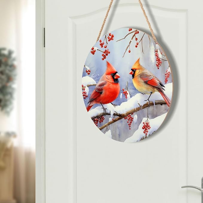 Winter Cardinal Bird Door Wreaths for Front Xmas Welcome Birds Wood Hanger Snowy Winter Branches Berry Door Sign Christmas Holiday Sign for Home Front Porch Wall Outdoor Outside 12in