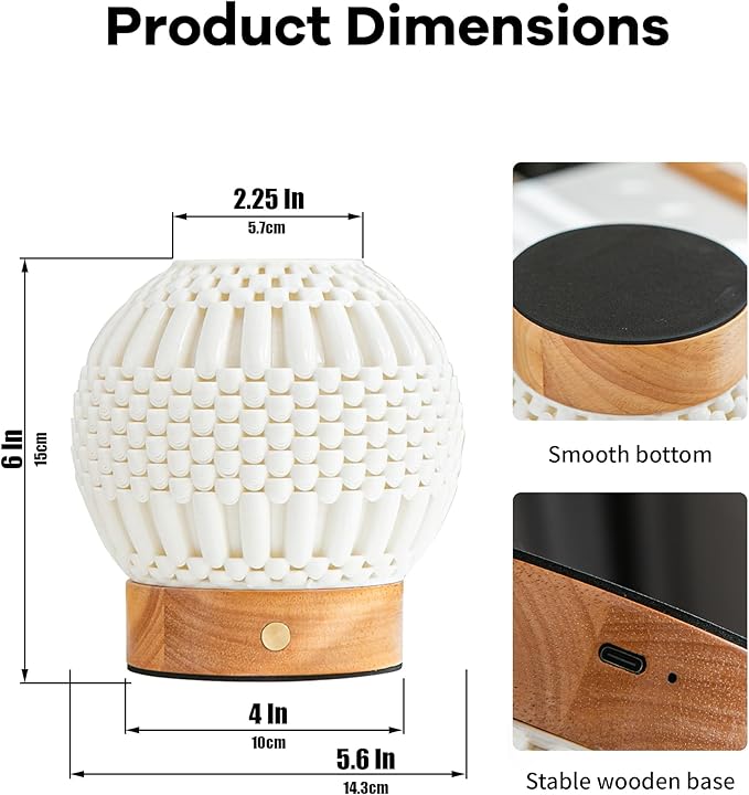 Touch Bedside Table Lamp - 3D Printed Modern Ceramic Lamp for Bedroom, Living Room, Nightstand, Desk, with Wooden Base, 3-Color Dimmable Modes, USB-C Powered (PSL25059)