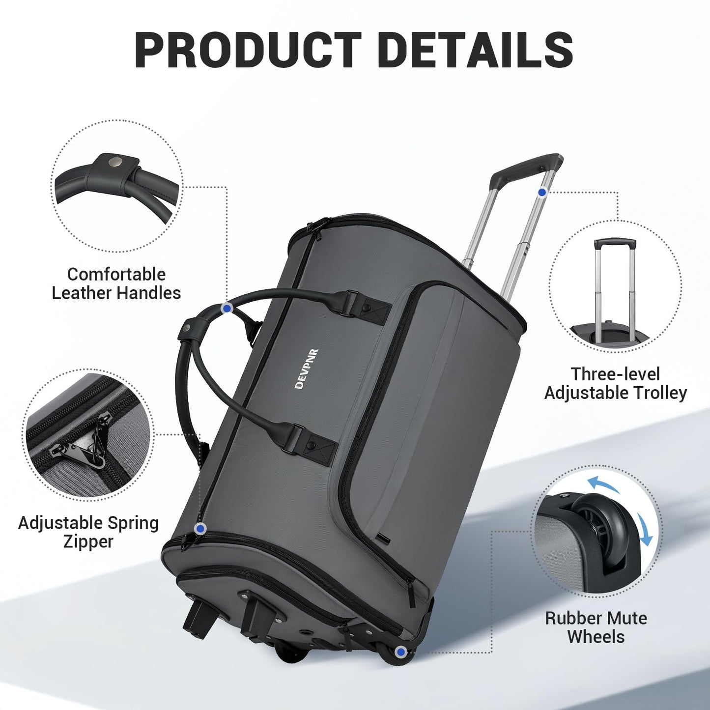 DEVPNR Rolling Garment Bags for Travel, 59L Rolling Duffle Bag with Wheels and Shoe Compartment for Men and Women, 3 in 1 Carry on Convertible Travel Garment Bag with Wheels, Gray