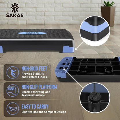 Blue Black Exercise Step Platform Set with Kettlebell & Measuring Tape, Adjustable Height 2 Level Risers Workout Step Trainer, Aerobic Steppers for Home Gym Exercise Fitness Workout