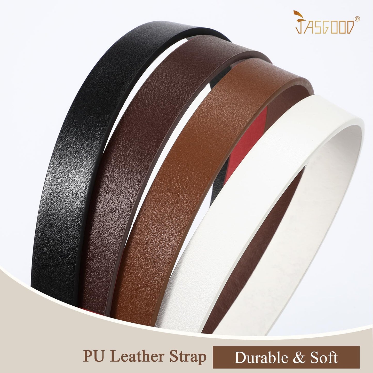 JASGOOD 4 Pack Women Skinny Leather Belt for Dresses with Gold Buckle Ladies Thin Waist Belt for Jeans Pants，Black+Brown+White+Coffee