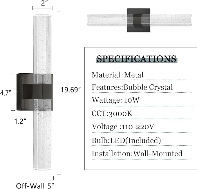 Black LED Wall Sconce Lights Warm Light Modern Crystal Wall Lights Vanity Lighting Fixtures Sconces for Bathroom Living Room Bedroom Dining Room Hallway