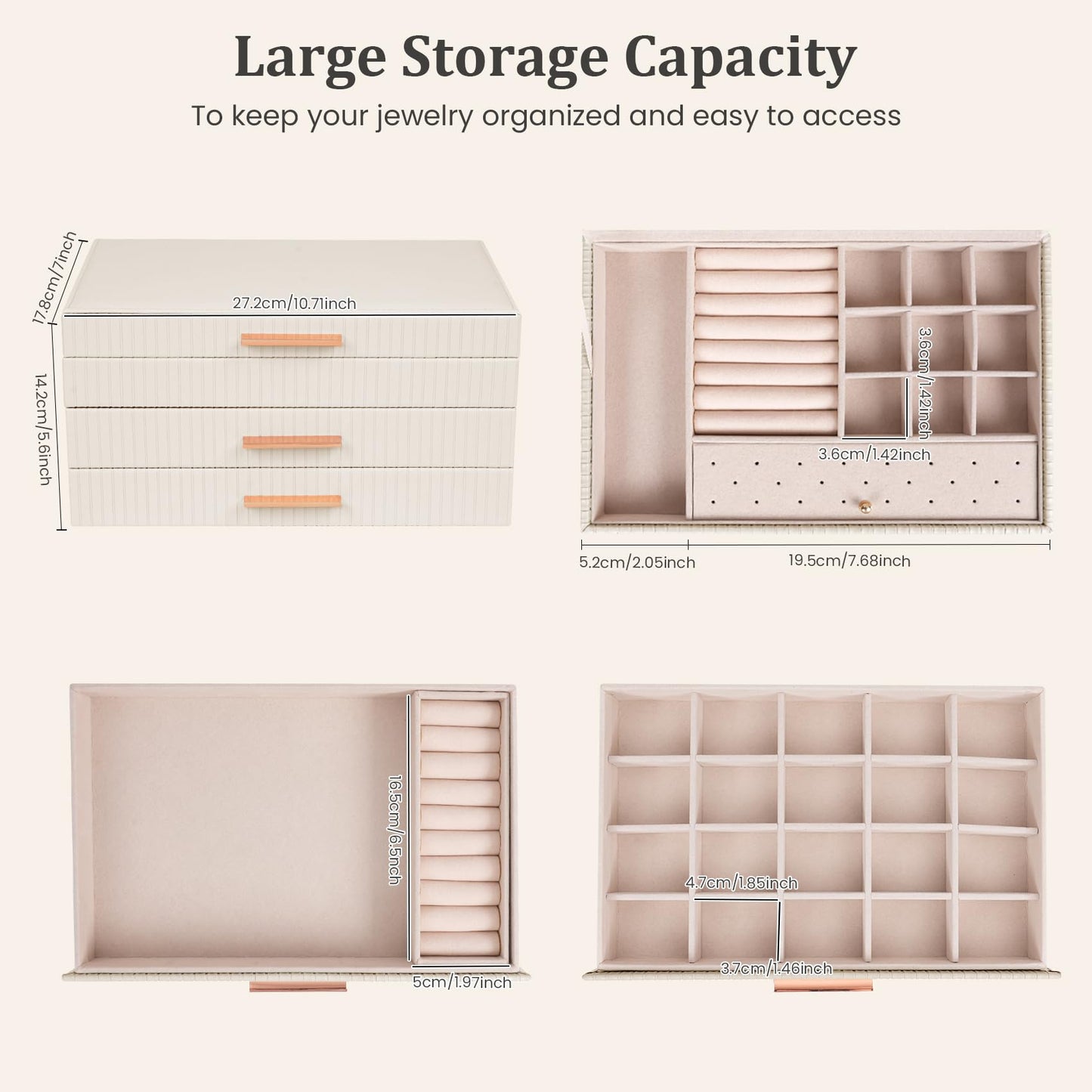 Dajasan Jewelry Box Organizer, 3-Tier Jewelry Storage Organizer with 2 Drawers, Large Jewelry Boxes for Women, PU Leather Surface with Texture, Gift Idea, Modern Style (Beige)