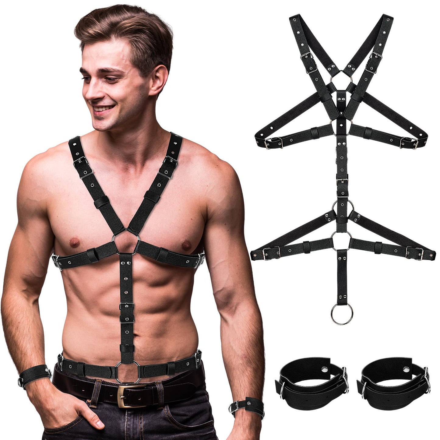 Tisancy Men's Chest Harness Belt Adjustable Buckle Chest PU Leather Male Harness Secure Fastening for Men's Costumes Clothes(Body Style)