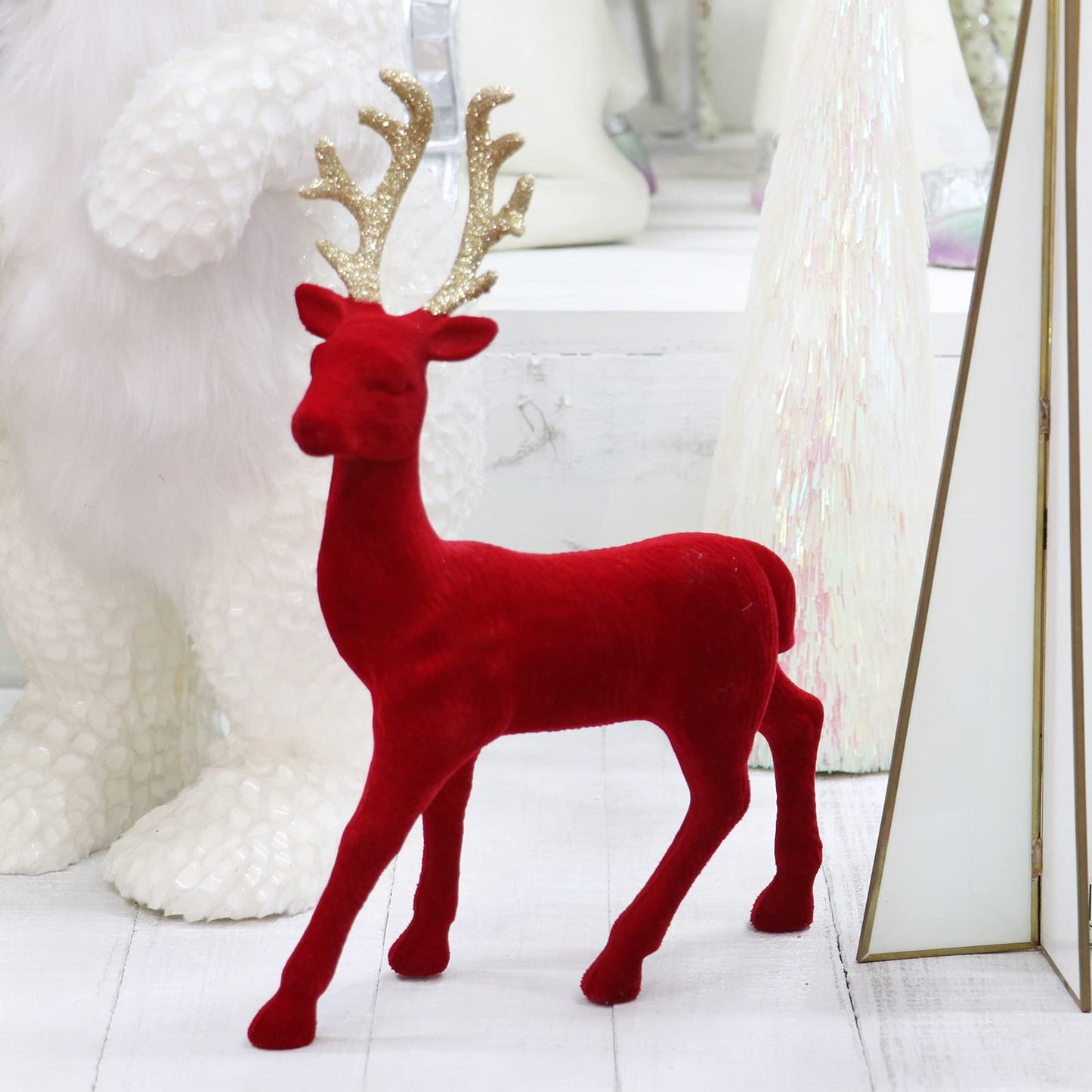 Season 2 Season Christmas Reindeer Tabletop 2 Set 12.5" H Red Flocking Standing Deer Decorations, Indoor Decorative Ornaments for Kitchen Mantle Shelf Office Home Décor