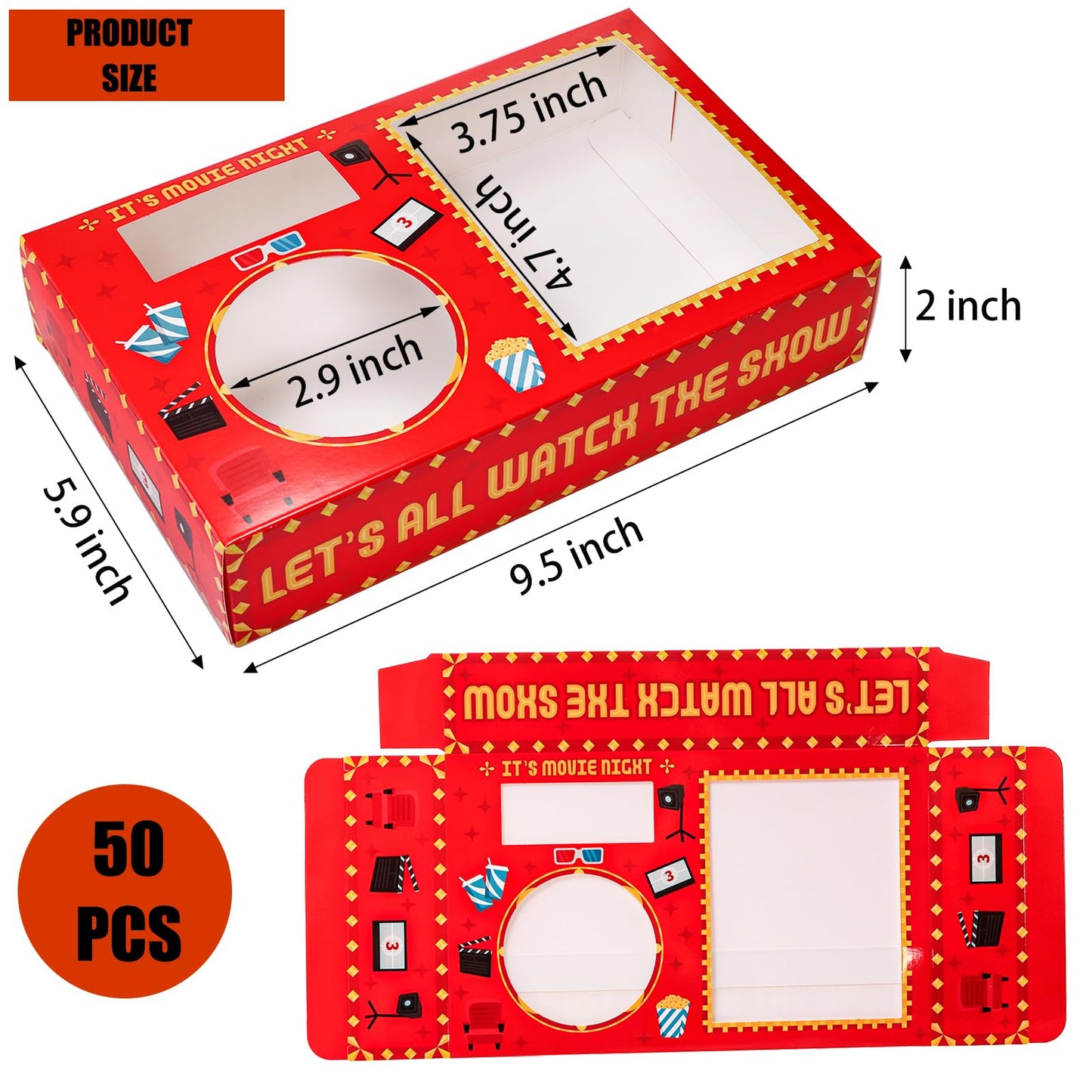 Bekith 50Pcs Movie Night Snack Trays Hold Popcorn Candy Food Drink, Disposable Paper Snack Boxes Movie Night Party Favors, Movie Night Supplies for Movie Theater Family Birthday Party, Red