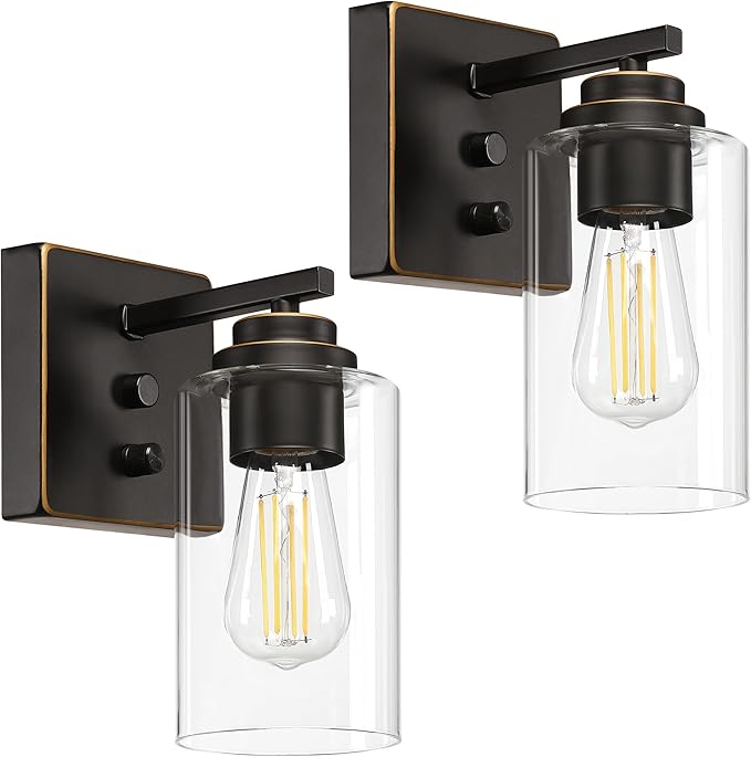 Wall Sconces Set of Two, Oil Rubbed Bronze Wall Scone with Switch, Bedside Wall Lamps, Sconces Decor Set, Bedroom Sconces, Modern Bathroom Light Fixtures with Clear Glass Shade
