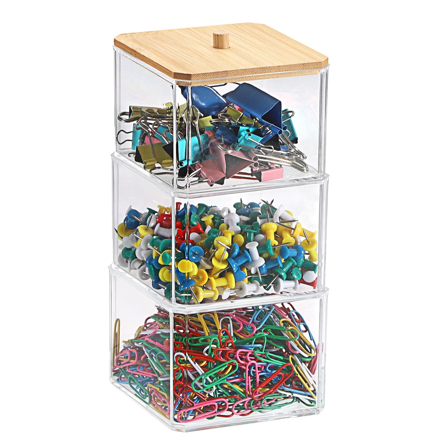 BTSKY Clear Stackable Paper Clip Holder with Bamboo Lid 3-Layer Paperclip Box Thick Acrylic Office Supply Accessory Organizer Square Small Storage Holder Cute Qtip Holder for Office Bathroom Vanity