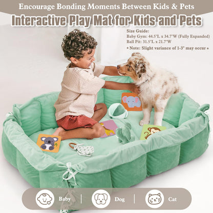 5-in-1 Plush Baby Play Gym, Baby Play Mats, Convertible Baby Gym, Tummy time mat, 6 Sensory Toys, Activity Center, Ball Pit, Sage Green