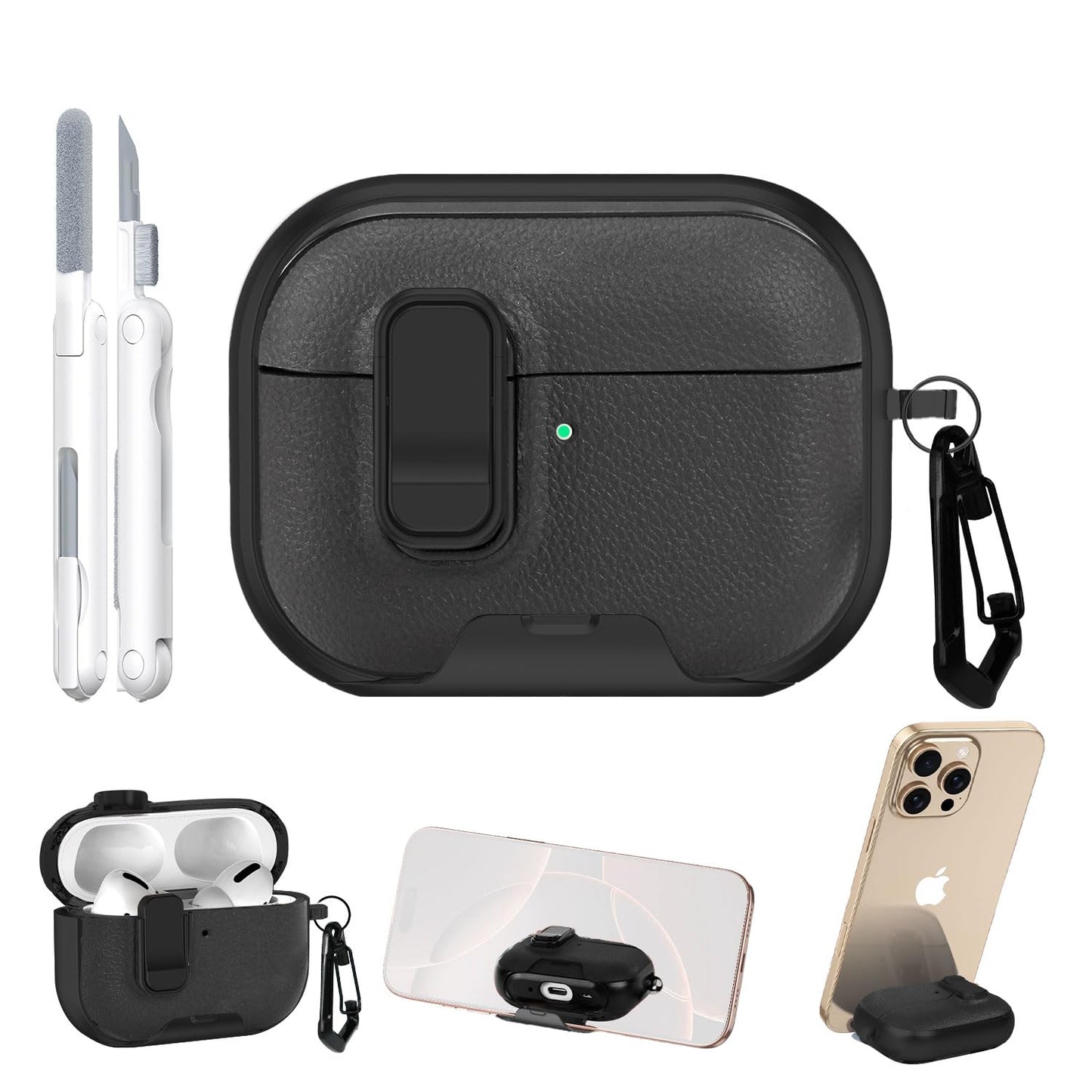 for AirPods Pro 3 Case 2025 3rd Generation with Cleaner Kit,Black Leather Protective Cover with Lock/Stand Compatible with Apple New Air Podspro3,Headphone Case Funda with Carabiner Accessories 4 Men