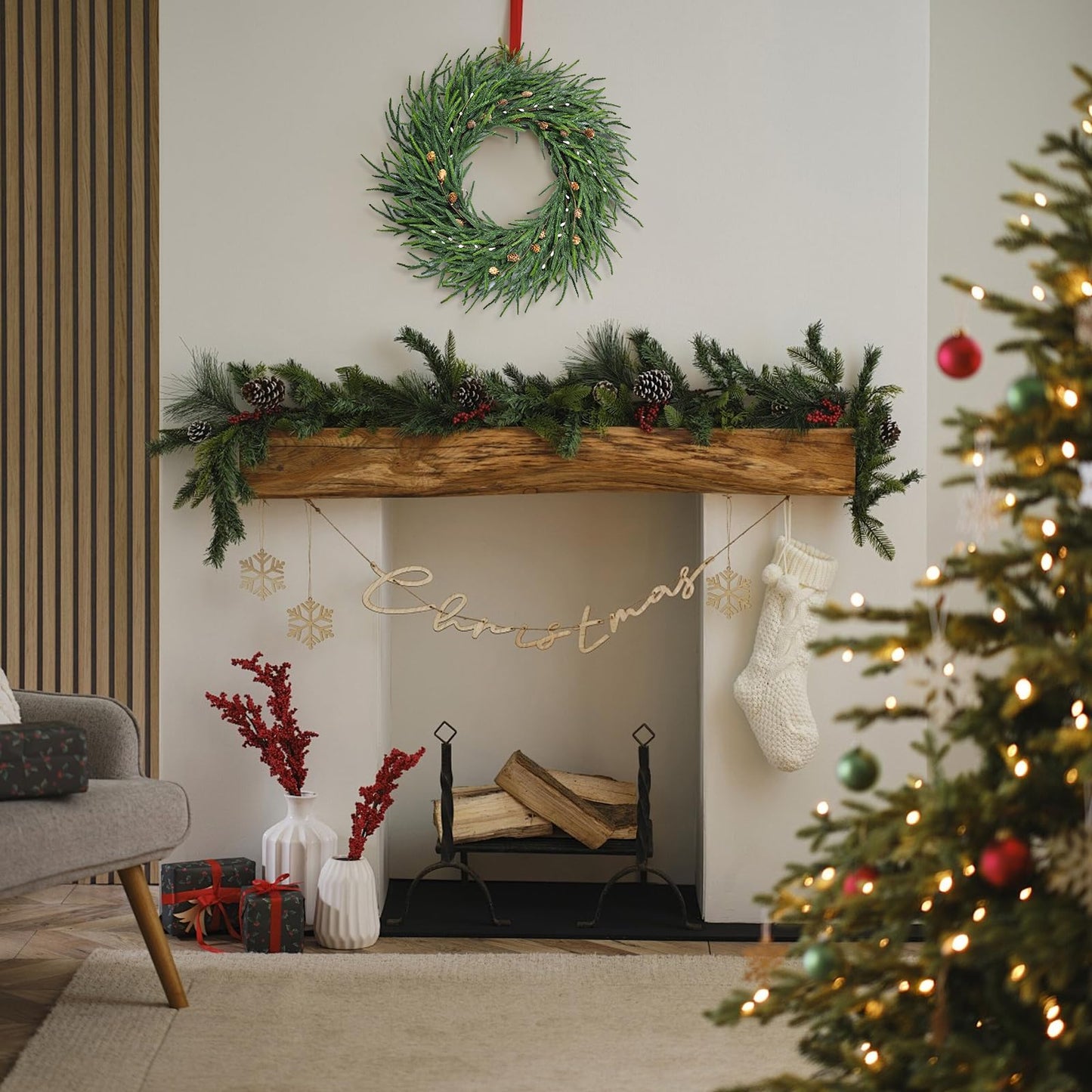 26 Inch Christmas Wreaths for Front Door Christmas Cypress Wreath,Real Touch Pine Wreath with White Berries Artificial Green with Pine Cones for Wall Window Porch