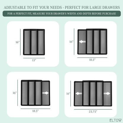 ELTOW Large Expandable Silverware Drawer Organizer, 8 Compartment Non-Slip & Adjustable Silverware Organizer for Drawer, Kitchen Organization for Utensils, Cutlery, Silverware Tray (Black)