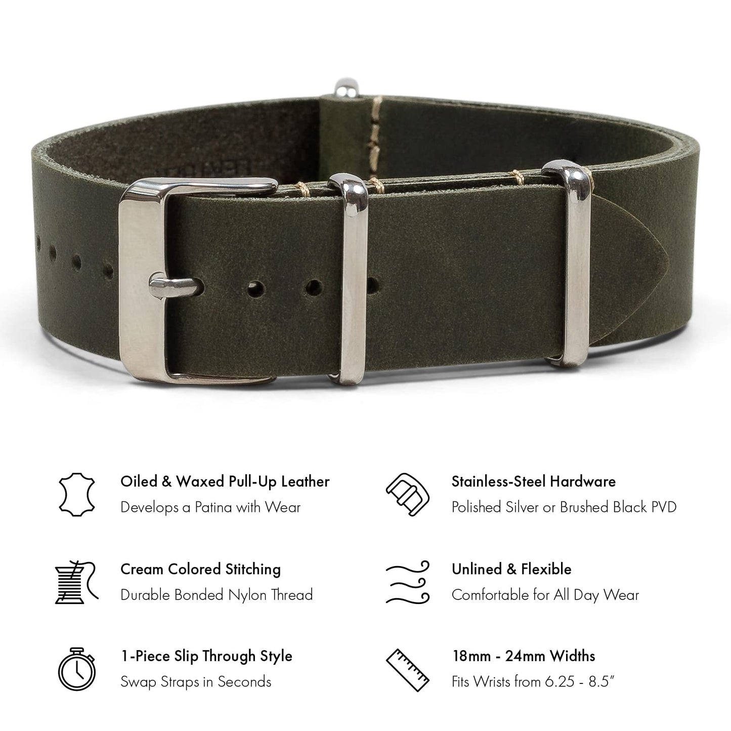 Benchmark Basics Leather Watch Band - Crazy Horse Oiled Leather One-Piece Watch Straps for Men & Women - 22mm, Dark Green