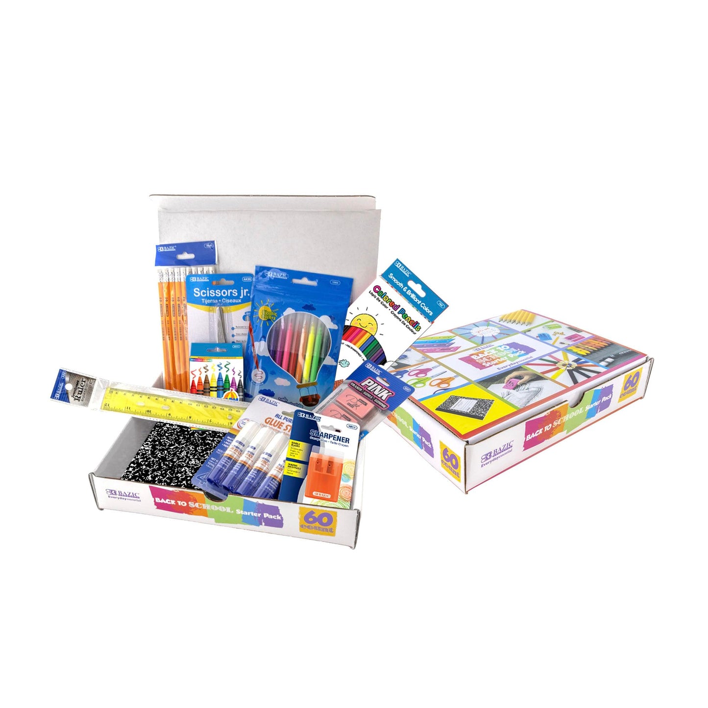 BAZIC Products School Kit Pack 60 Count, School Supply Box for Elementary Student K-6, Ruler Composition Book Pencil Eraser Crayon, 1-Pack