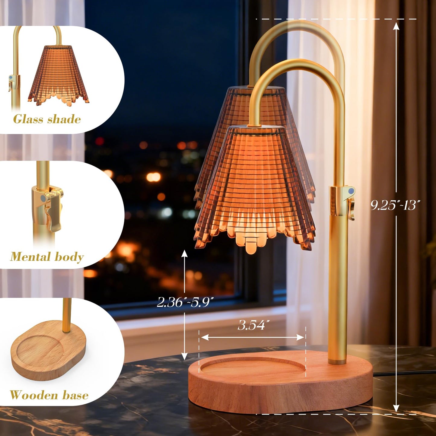 WYghyronic Candle Warmer Lamp with Adjustable Height - Flameless 4-Level Dimmable Wax Warmer with Colorful Glass Shade & Wooden Base, Timer Function & Stylish Design in Multiple Colors (Brown2)